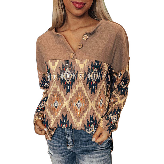 Ethnic Geometric Print Long-Sleeve Loose T-shirt