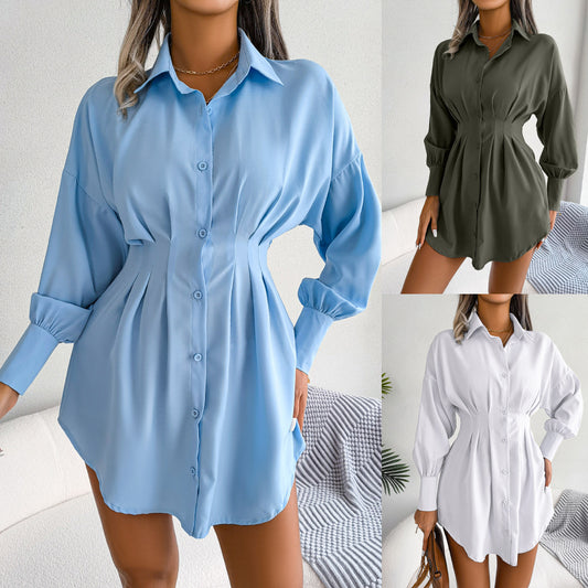 Asymmetrical High-Waist Lantern-Sleeve Lapel Dress