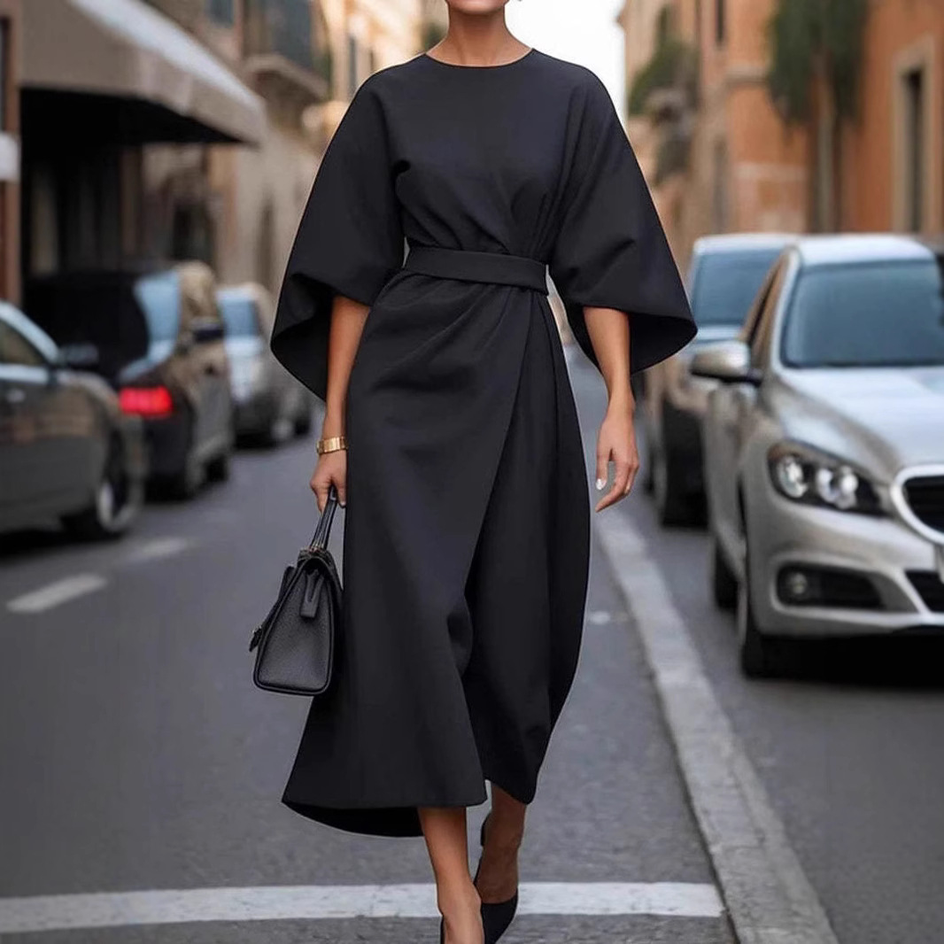 Elegant Batwing-Sleeve Waist-Tie Loose-Fit Casual Dress