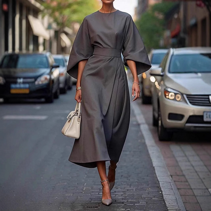 Elegant Batwing-Sleeve Waist-Tie Loose-Fit Casual Dress