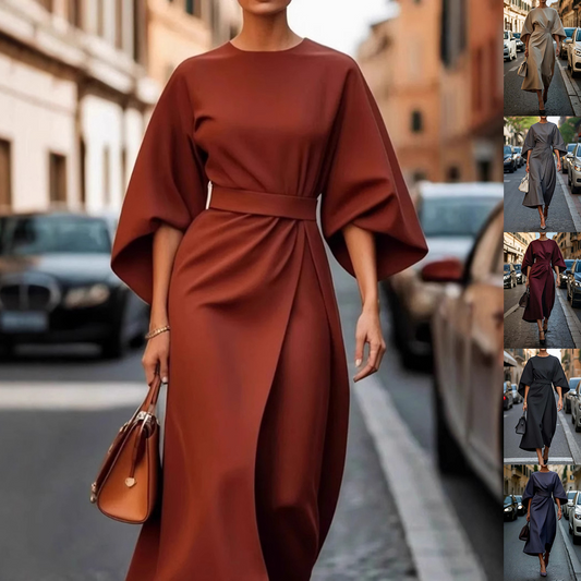 Elegant Batwing-Sleeve Waist-Tie Loose-Fit Casual Dress