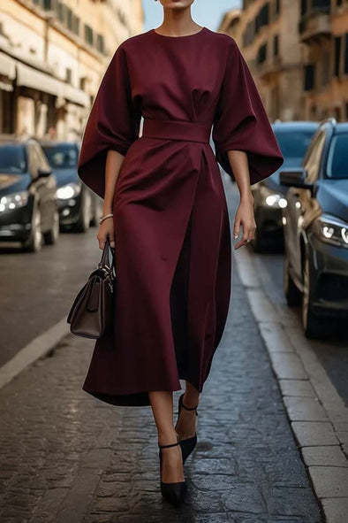 Elegant Batwing-Sleeve Waist-Tie Loose-Fit Casual Dress