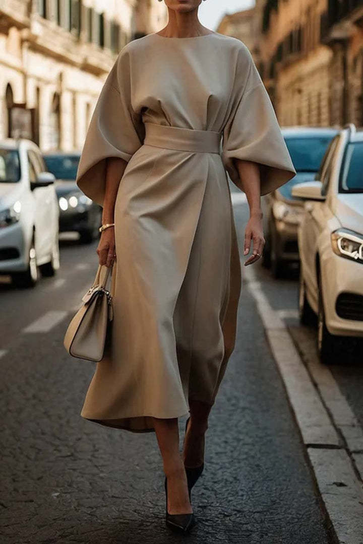 Elegant Batwing-Sleeve Waist-Tie Loose-Fit Casual Dress