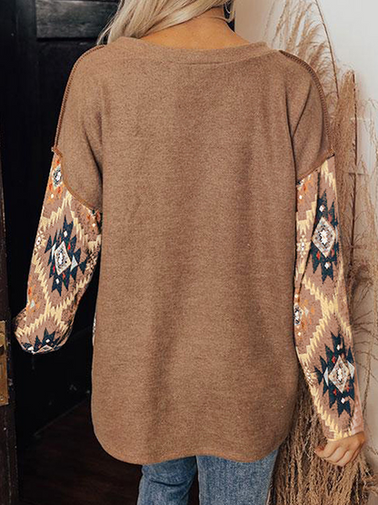 Ethnic Geometric Print Long-Sleeve Loose T-shirt