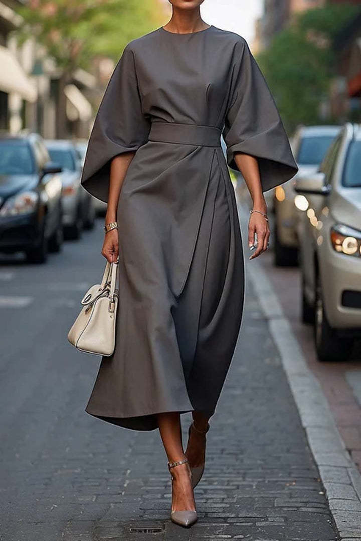 Elegant Batwing-Sleeve Waist-Tie Loose-Fit Casual Dress