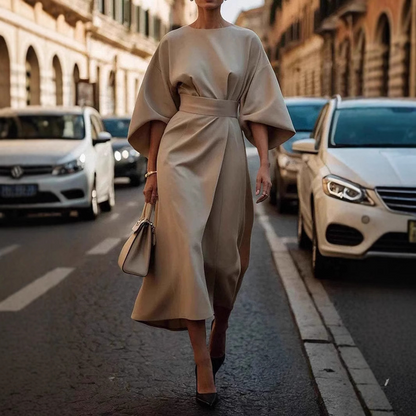 Elegant Batwing-Sleeve Waist-Tie Loose-Fit Casual Dress