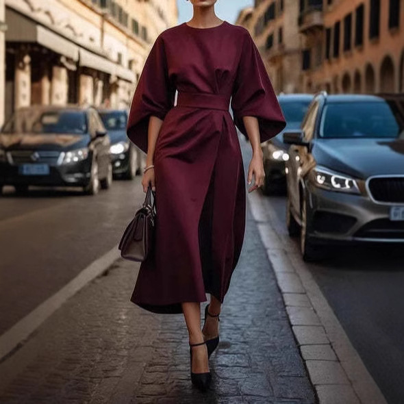 Elegant Batwing-Sleeve Waist-Tie Loose-Fit Casual Dress