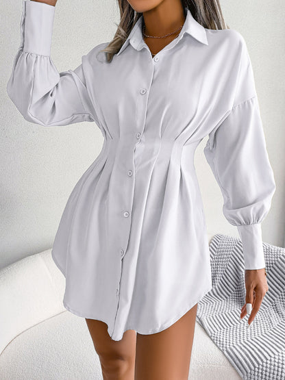 Asymmetrical High-Waist Lantern-Sleeve Lapel Dress