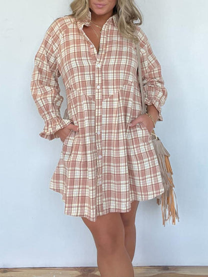 Comfortable Pink Plaid Puff-Sleeve Shirt Dress