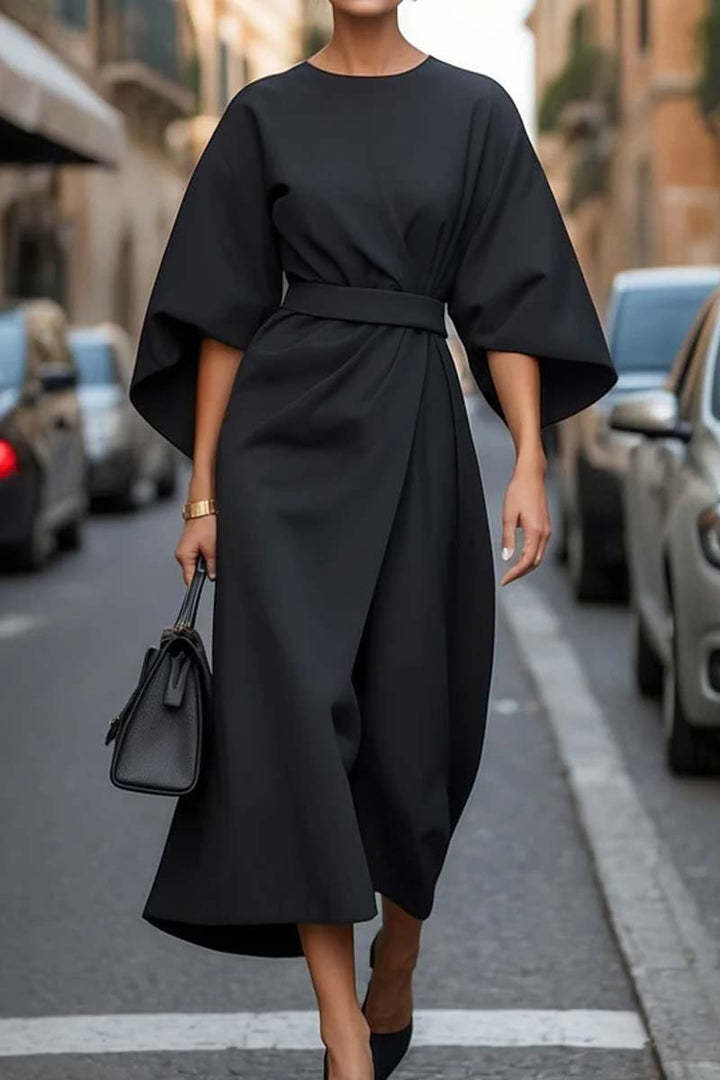 Elegant Batwing-Sleeve Waist-Tie Loose-Fit Casual Dress