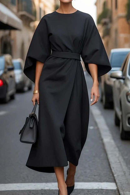 Elegant Batwing-Sleeve Waist-Tie Loose-Fit Casual Dress