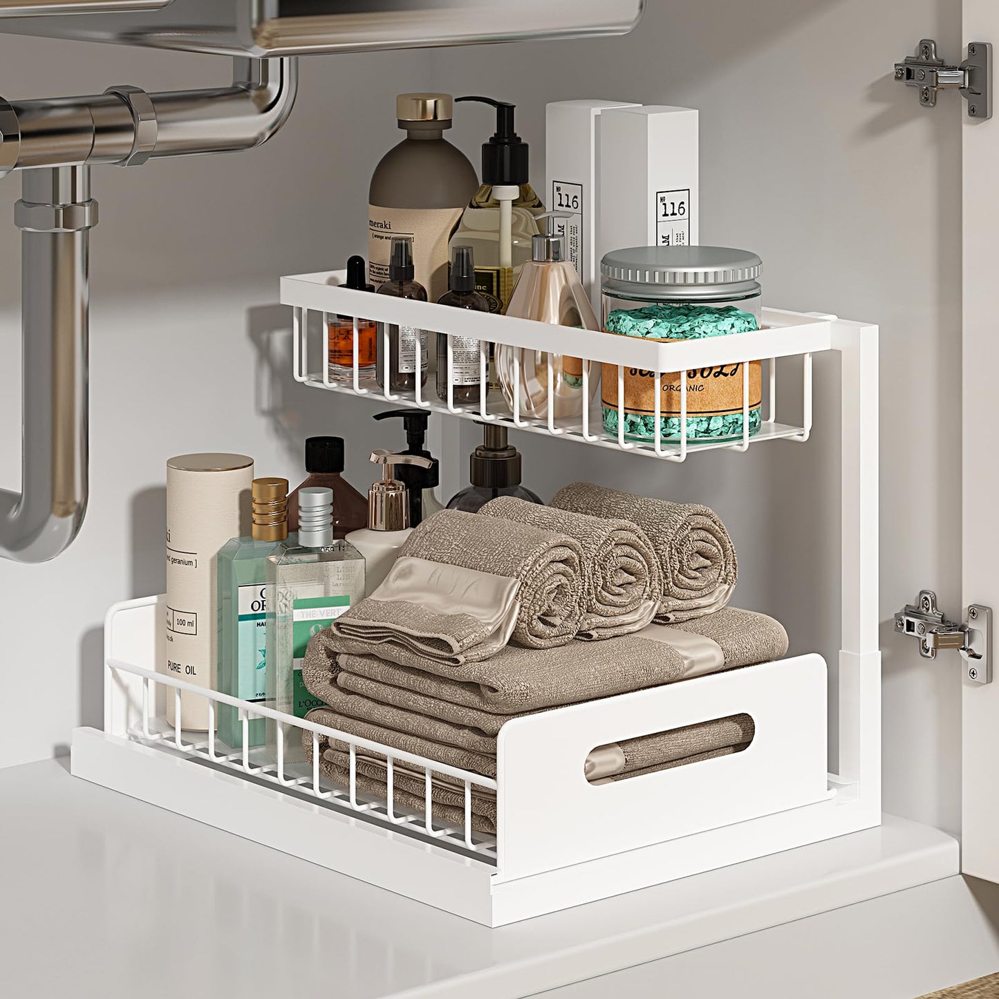 REALINN Under Sink Organizer Pull Out Cabinet Organizer 2 Tier Slide Out Sink Shelf Cabinet Storage Shelves Under Sink Storage for Kitchen Bathroom Cabinet White 1 Pack