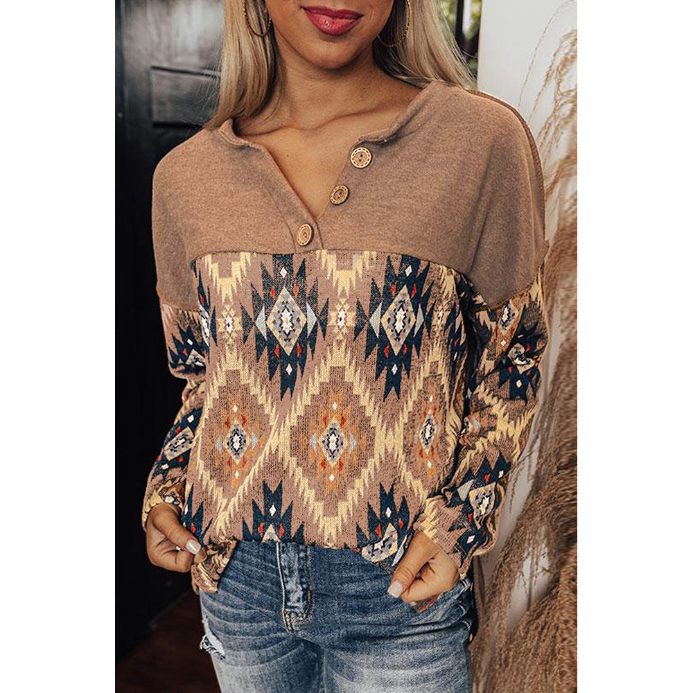 Ethnic Geometric Print Long-Sleeve Loose T-shirt